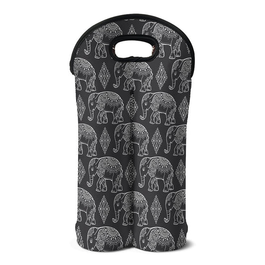 White And Grey Indian Elephant Print Double Neoprene Wine Tote