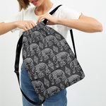 White And Grey Indian Elephant Print Drawstring Backpack