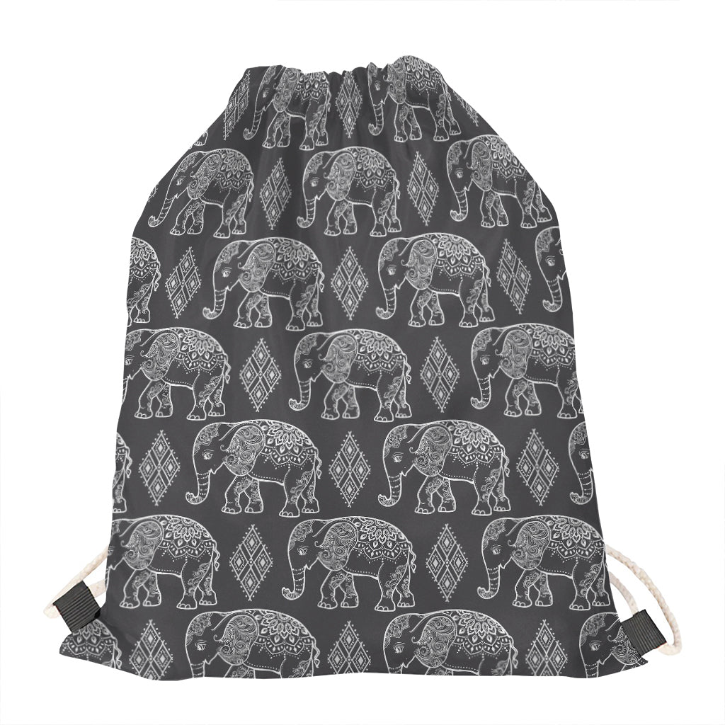 White And Grey Indian Elephant Print Drawstring Bag