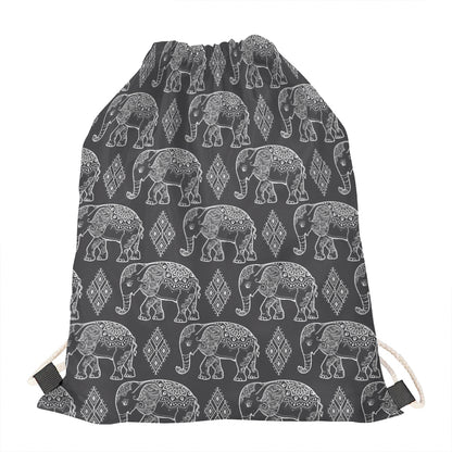 White And Grey Indian Elephant Print Drawstring Bag