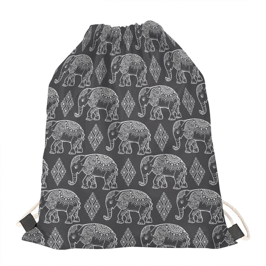 White And Grey Indian Elephant Print Drawstring Bag