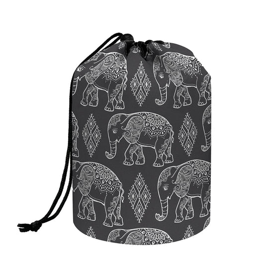 White And Grey Indian Elephant Print Drawstring Makeup Bag
