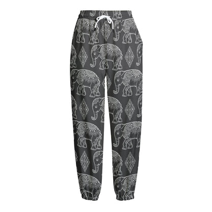 White And Grey Indian Elephant Print Fleece Lined Knit Pants