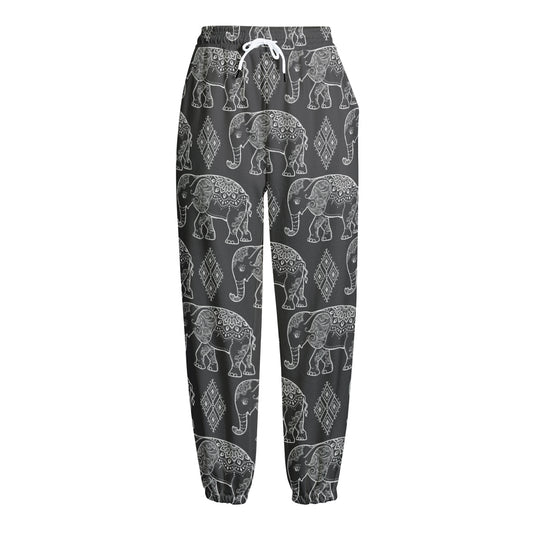 White And Grey Indian Elephant Print Fleece Lined Knit Pants