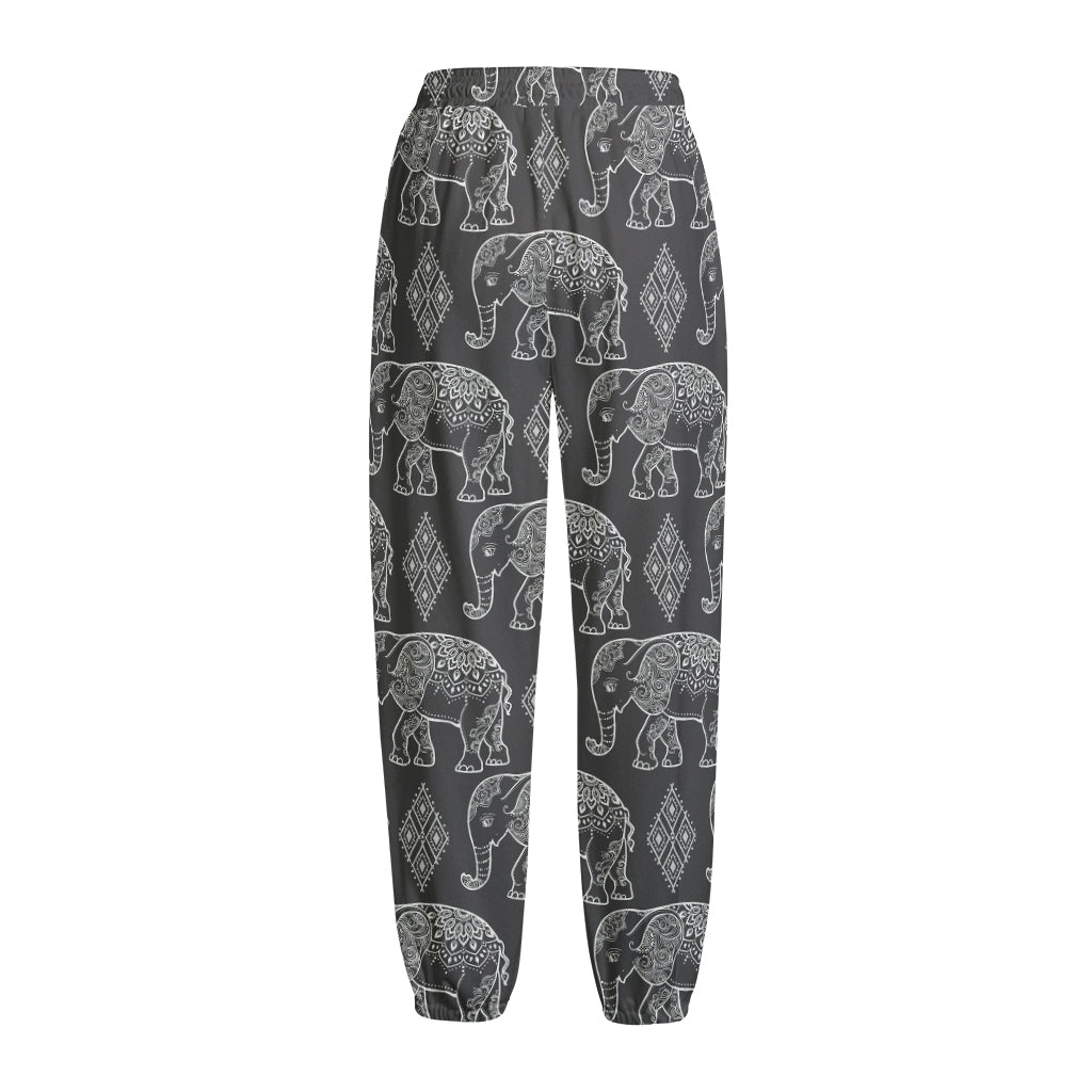 White And Grey Indian Elephant Print Fleece Lined Knit Pants