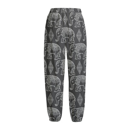 White And Grey Indian Elephant Print Fleece Lined Knit Pants