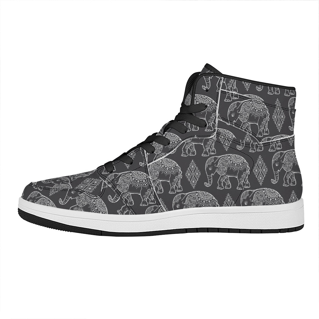White And Grey Indian Elephant Print High Top Leather Sneakers
