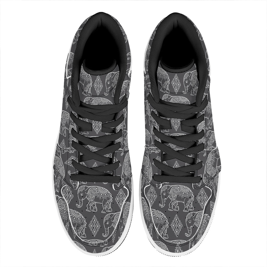 White And Grey Indian Elephant Print High Top Leather Sneakers