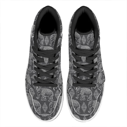 White And Grey Indian Elephant Print High Top Leather Sneakers