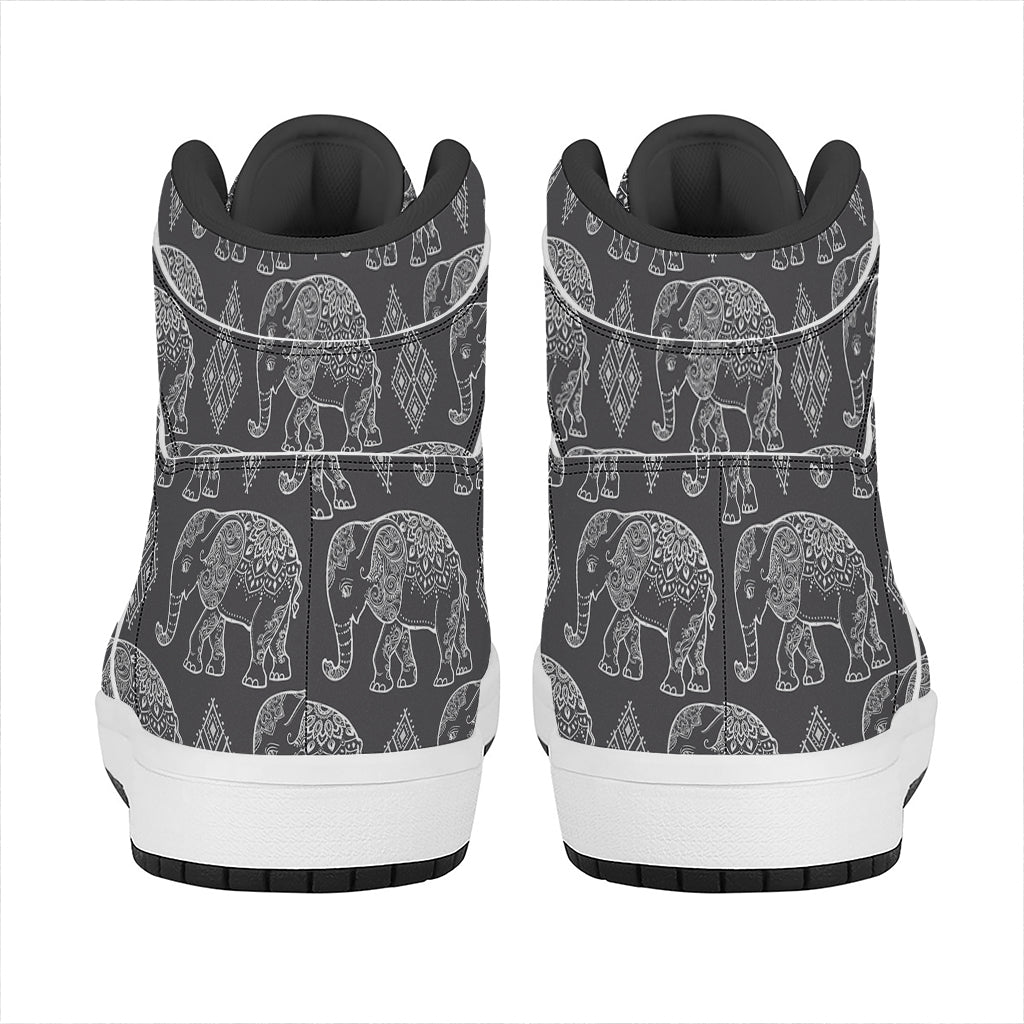 White And Grey Indian Elephant Print High Top Leather Sneakers