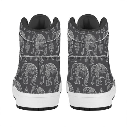 White And Grey Indian Elephant Print High Top Leather Sneakers