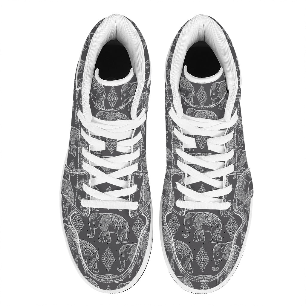 White And Grey Indian Elephant Print High Top Leather Sneakers