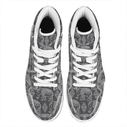 White And Grey Indian Elephant Print High Top Leather Sneakers