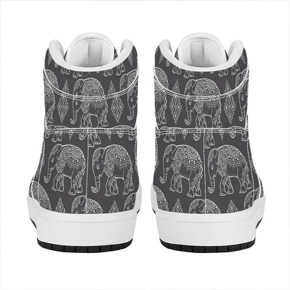 White And Grey Indian Elephant Print High Top Leather Sneakers
