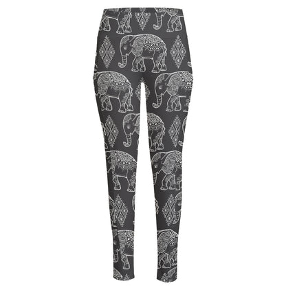 White And Grey Indian Elephant Print High-Waisted Pocket Leggings
