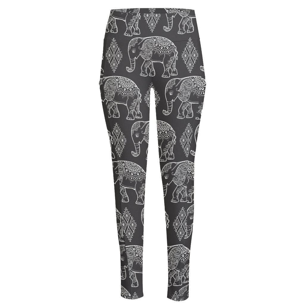 White And Grey Indian Elephant Print High-Waisted Pocket Leggings