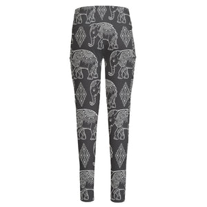 White And Grey Indian Elephant Print High-Waisted Pocket Leggings