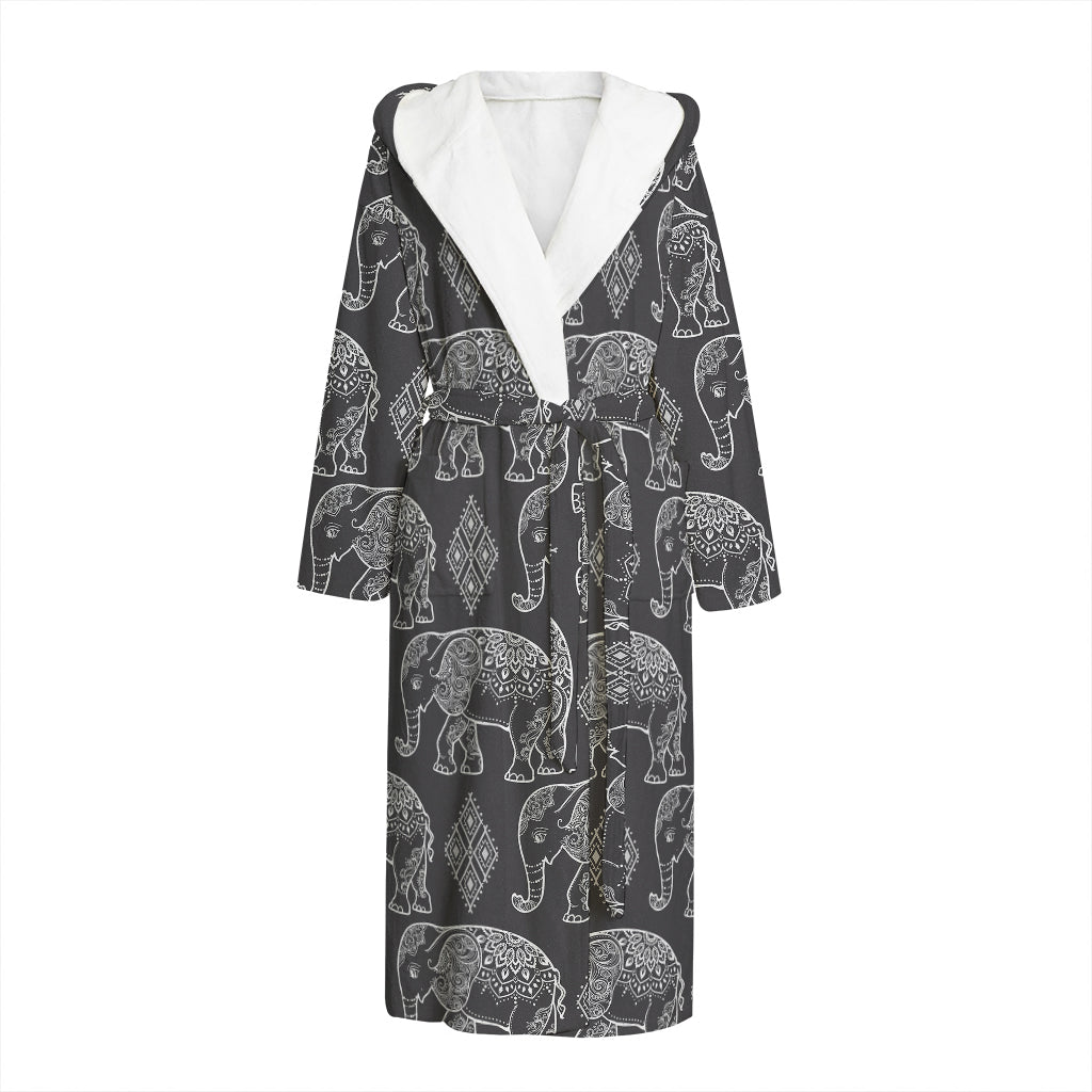 White And Grey Indian Elephant Print Hooded Bathrobe