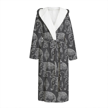 White And Grey Indian Elephant Print Hooded Bathrobe