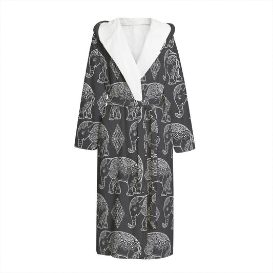 White And Grey Indian Elephant Print Hooded Bathrobe
