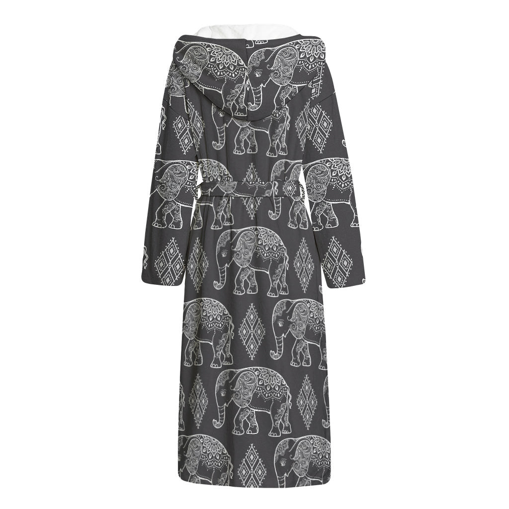 White And Grey Indian Elephant Print Hooded Bathrobe