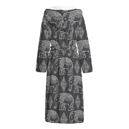 White And Grey Indian Elephant Print Hooded Bathrobe