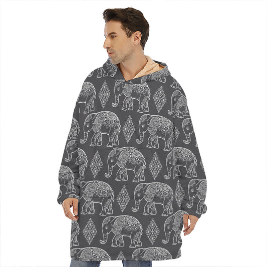 White And Grey Indian Elephant Print Hoodie Blanket