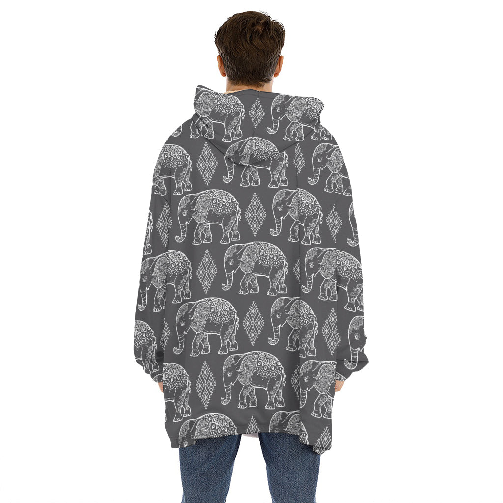 White And Grey Indian Elephant Print Hoodie Blanket