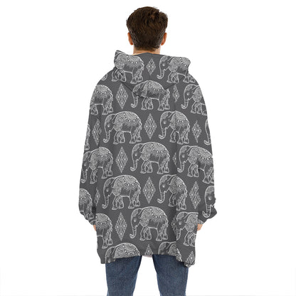 White And Grey Indian Elephant Print Hoodie Blanket