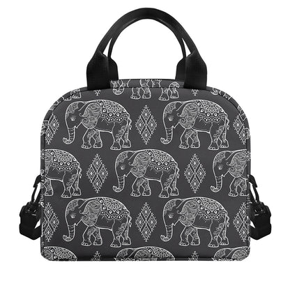 White And Grey Indian Elephant Print Insulated Lunch Bag
