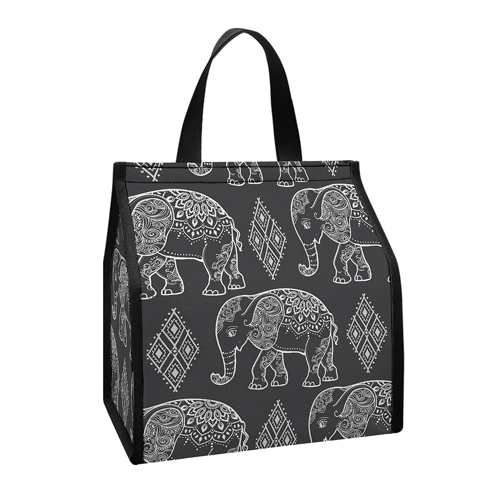 White And Grey Indian Elephant Print Insulated Lunch Tote