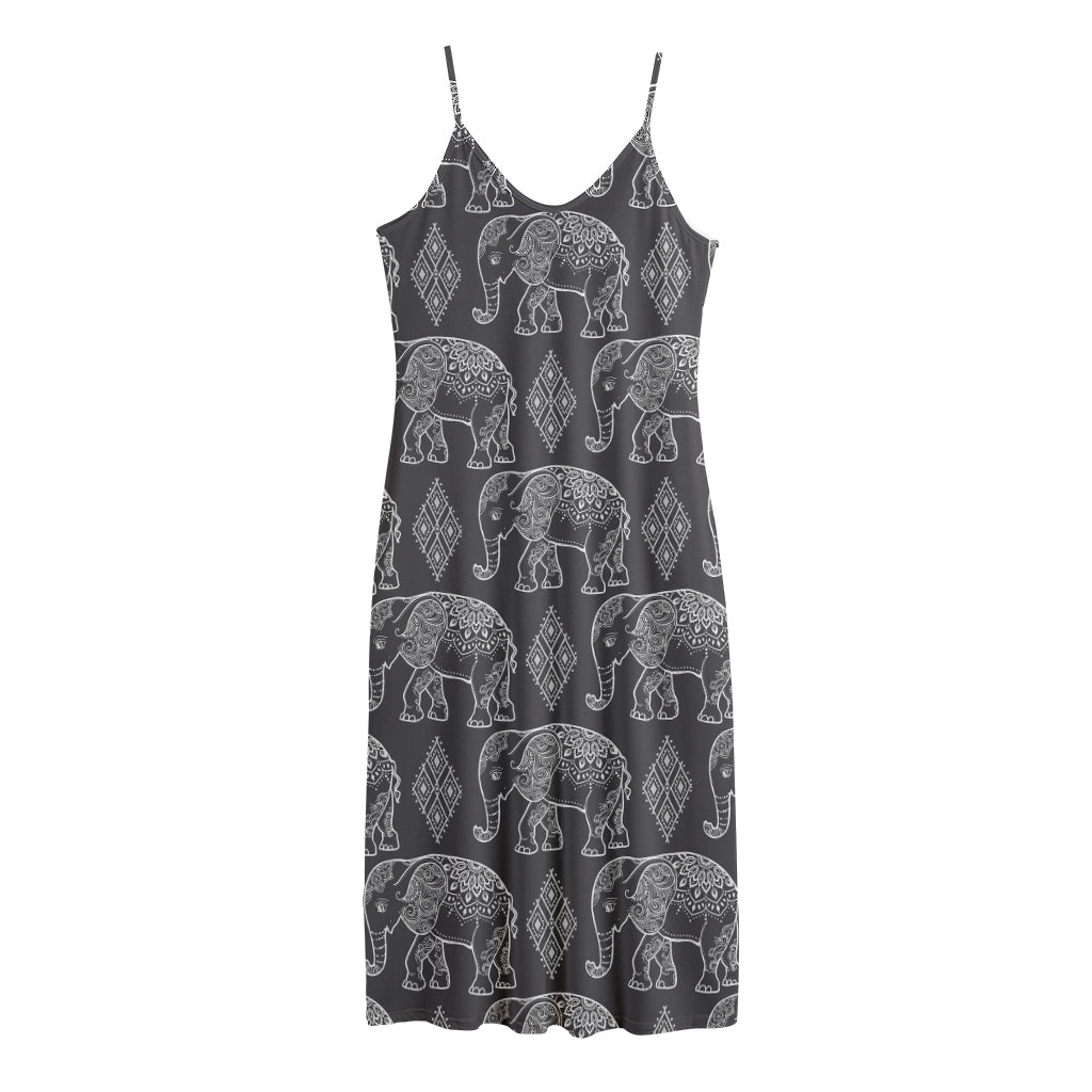 White And Grey Indian Elephant Print Jersey Midi Cami Dress