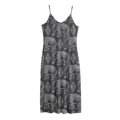 White And Grey Indian Elephant Print Jersey Midi Cami Dress