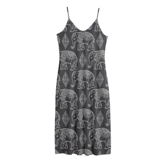 White And Grey Indian Elephant Print Jersey Midi Cami Dress
