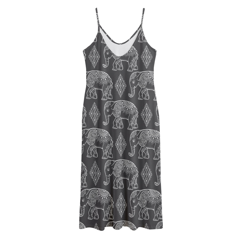 White And Grey Indian Elephant Print Jersey Midi Cami Dress