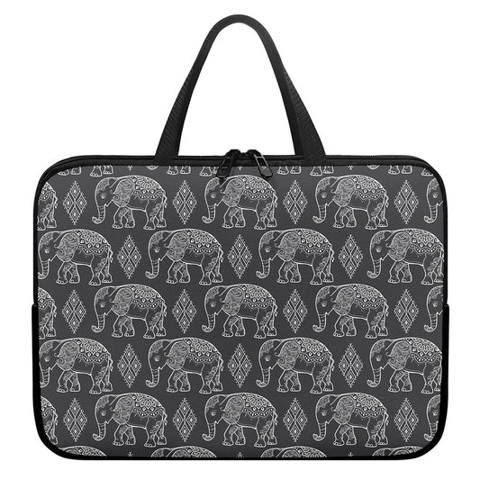 White And Grey Indian Elephant Print Laptop Sleeve With Handle