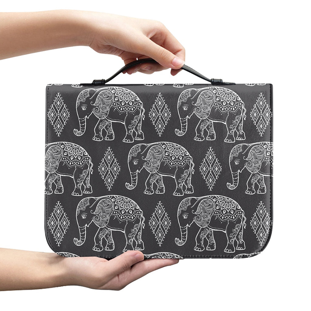 White And Grey Indian Elephant Print Leather Bible Cover