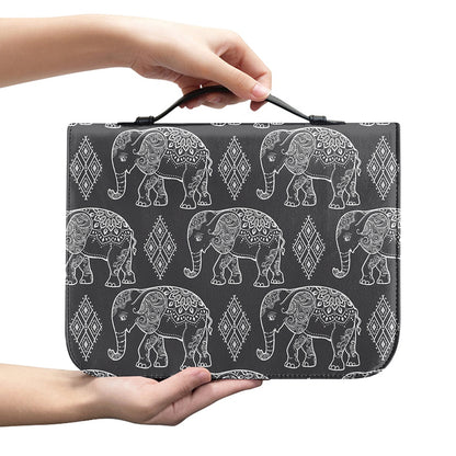 White And Grey Indian Elephant Print Leather Bible Cover