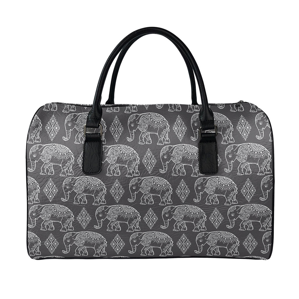 White And Grey Indian Elephant Print Leather Duffle Bag