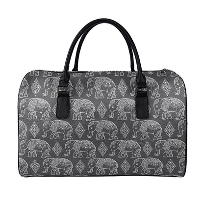 White And Grey Indian Elephant Print Leather Duffle Bag