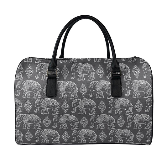 White And Grey Indian Elephant Print Leather Duffle Bag