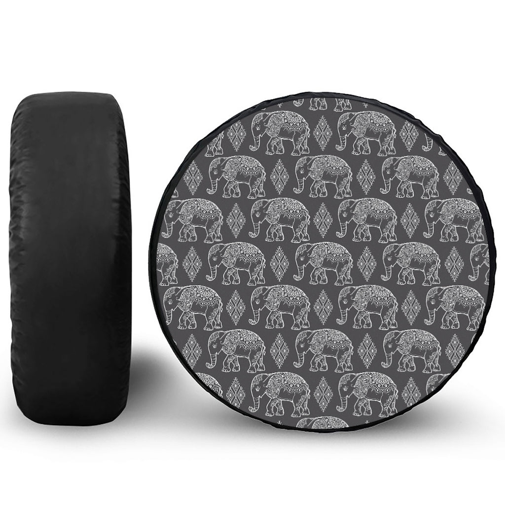White And Grey Indian Elephant Print Leather Spare Tire Cover