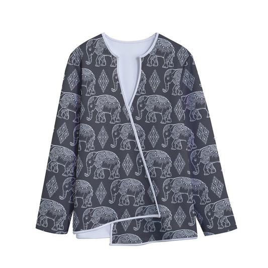 White And Grey Indian Elephant Print Long Sleeve Short Coat