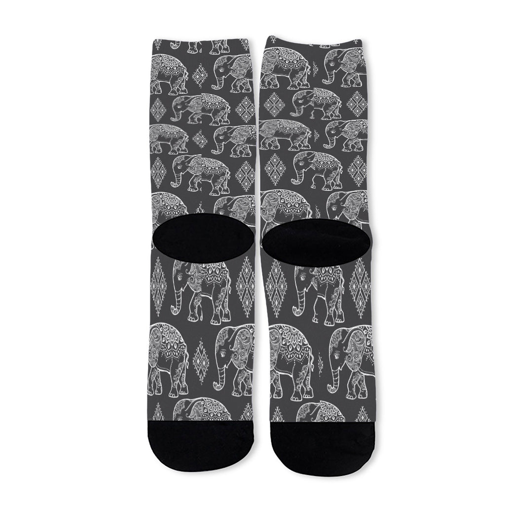 White And Grey Indian Elephant Print Long Socks