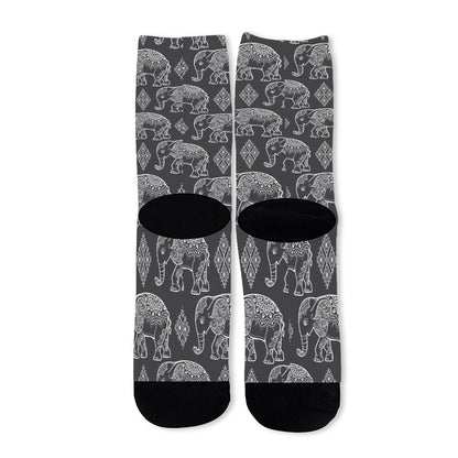 White And Grey Indian Elephant Print Long Socks