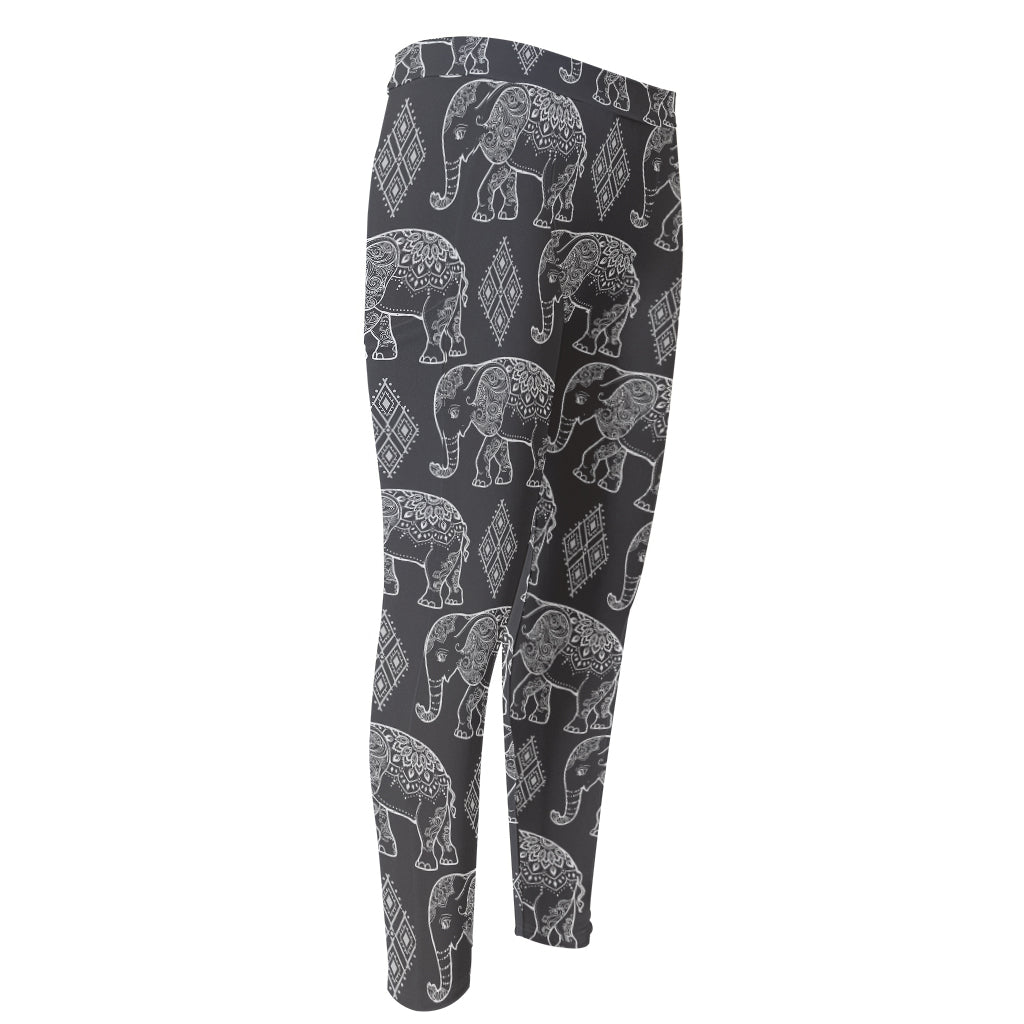 White And Grey Indian Elephant Print Men's Compression Pants