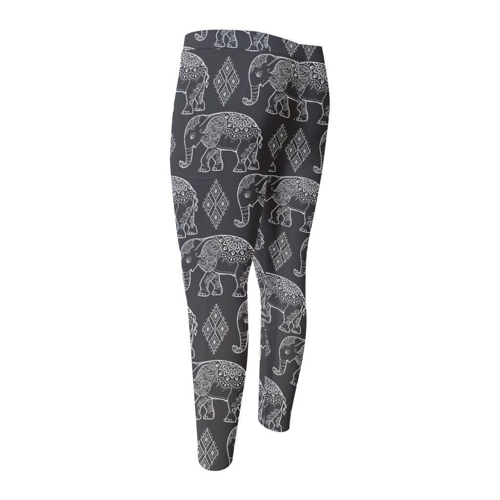 White And Grey Indian Elephant Print Men's Compression Pants