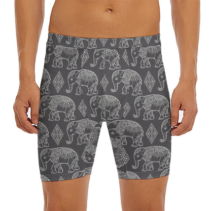 White And Grey Indian Elephant Print Men's Long Boxer Briefs