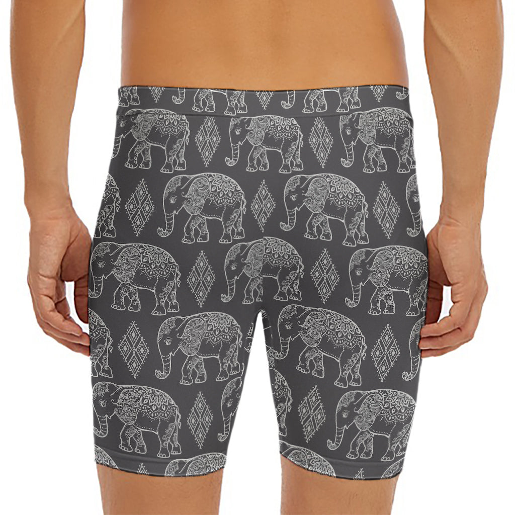 White And Grey Indian Elephant Print Men's Long Boxer Briefs