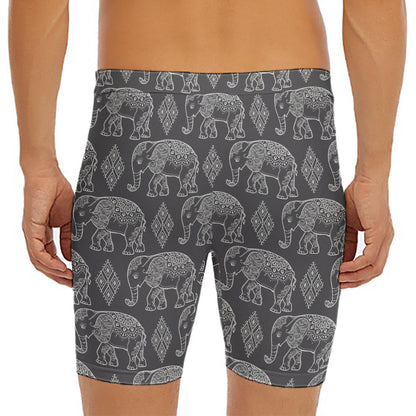 White And Grey Indian Elephant Print Men's Long Boxer Briefs